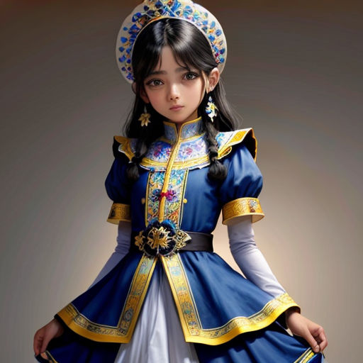 a young girl dressed in a blue and white dress and a hat with a gold trim and a flower on her head