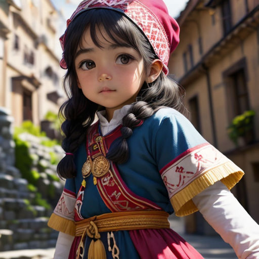 a little girl dressed in a costume and holding a suitcase in a street in a european city, looking at the camera