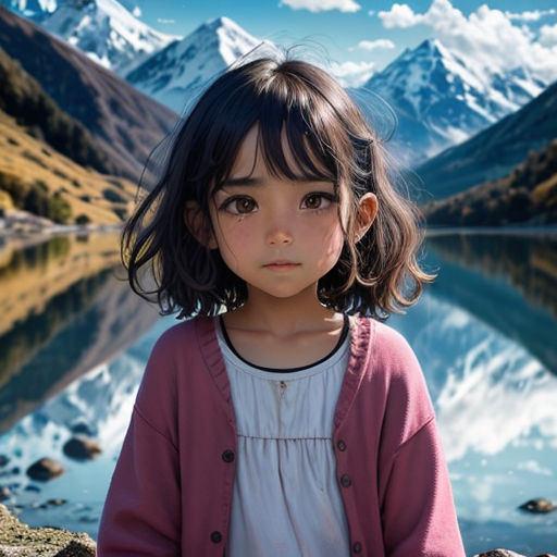 a little girl standing in front of a lake with mountains in the background and a sky with clouds in the background