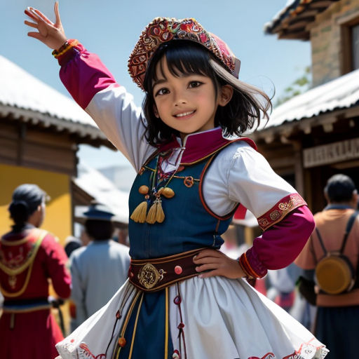 a young girl in a costume standing in front of a crowd of people wearing traditional clothing and hats,