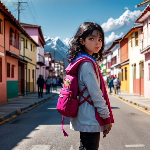 a young girl with a pink backpack is walking down the street in a small town with mountains in the background