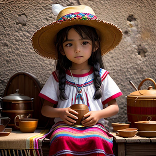 a little girl sitting on a table with a bowl and a hat on her head and a pot on her lap