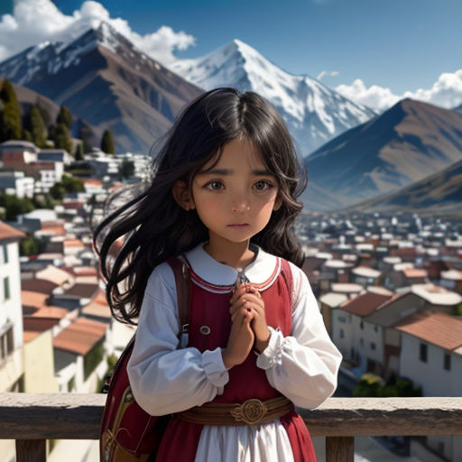 a little girl standing on a balcony with a view of a town and mountains in the background, wearing a red and white dress