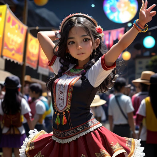 a young girl in a colorful dress dancing in a parade with other people in the background and a banner with a festival name