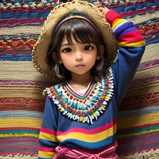 a little girl wearing a colorful outfit and a hat on her head, standing in front of a colorful blanket