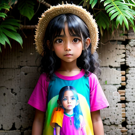 a little girl wearing a hat and a colorful shirt standing in front of a wall with a plant behind her