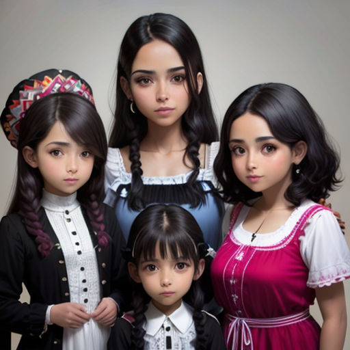 a group of three girls standing next to each other in front of a white wall with a girl in a red dress