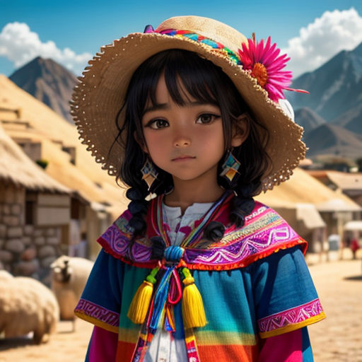 a young girl wearing a colorful outfit and a hat with a mountain in the background and a village in the foreground