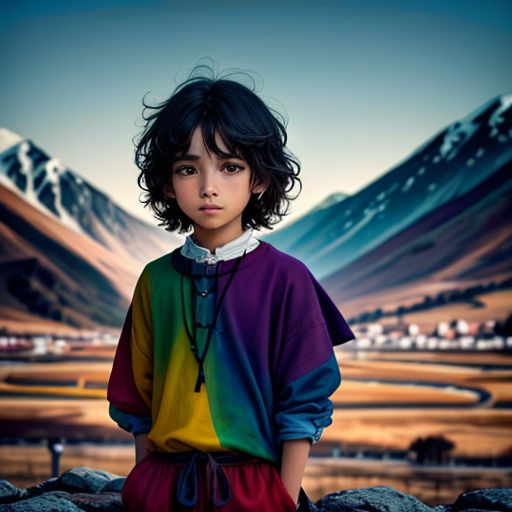 a young girl is standing in front of a mountain range with a rainbow shirt on and a black tie around her neck