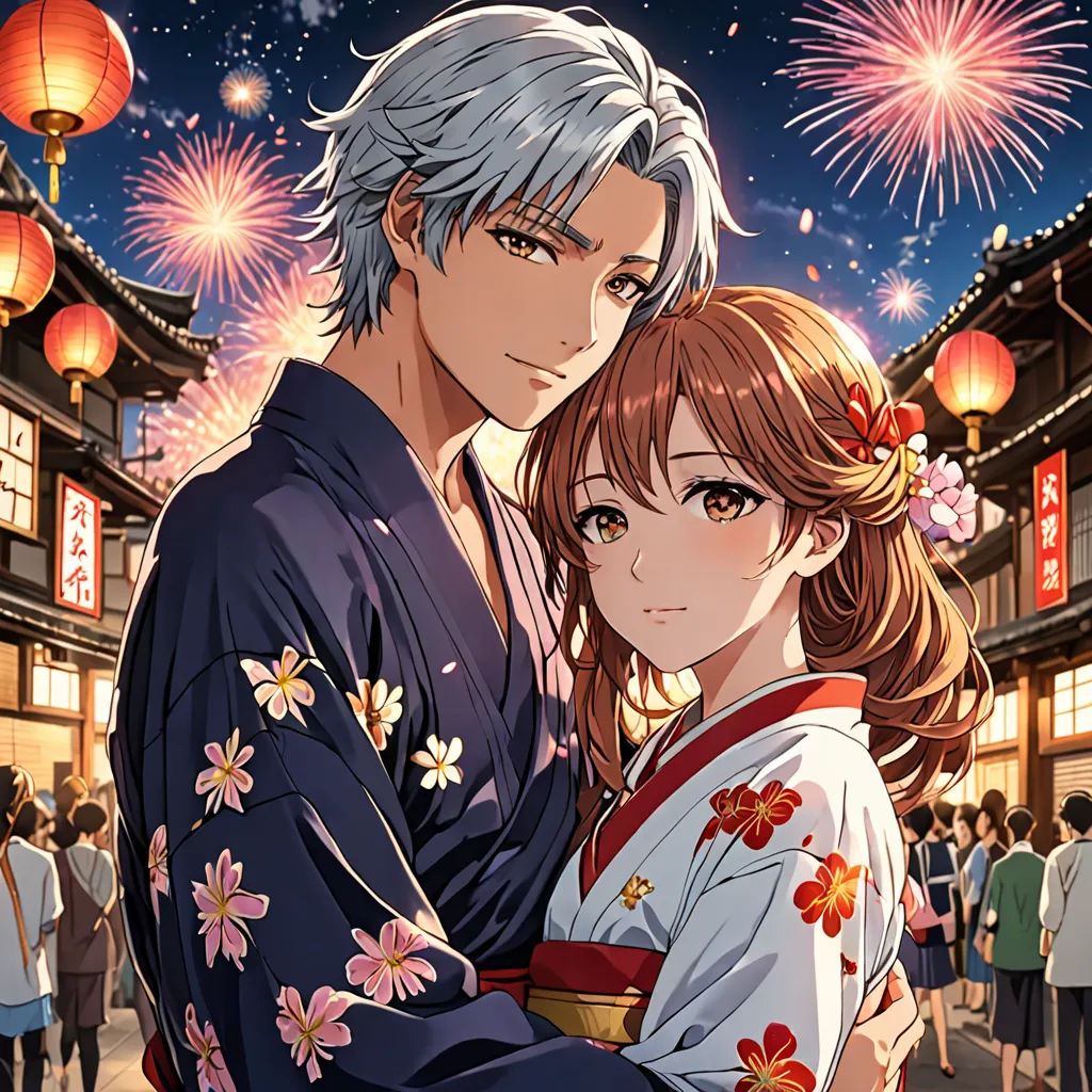 a couple in kimonos standing in front of a fireworks display at night with fireworks in the sky, sots art, concept art, Aya Goda, official art