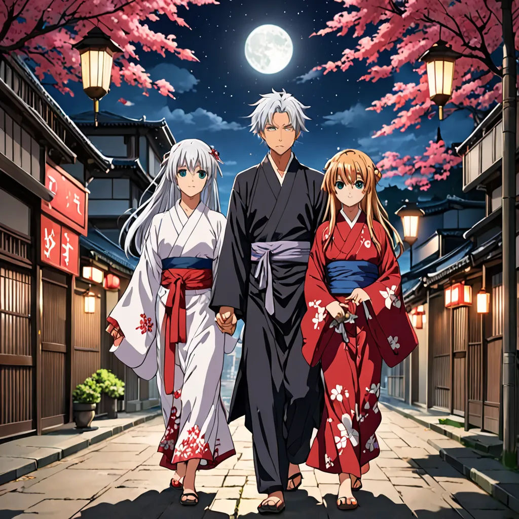a couple of people walking down a street under a full moon sky with cherry blossom trees in the background, rayonism, poster art, Baiōken Eishun, official art