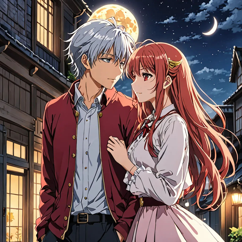 a couple of anime characters standing next to each other in front of a building at night with the moon in the sky, romanticism, poster art, Aya Goda, official art