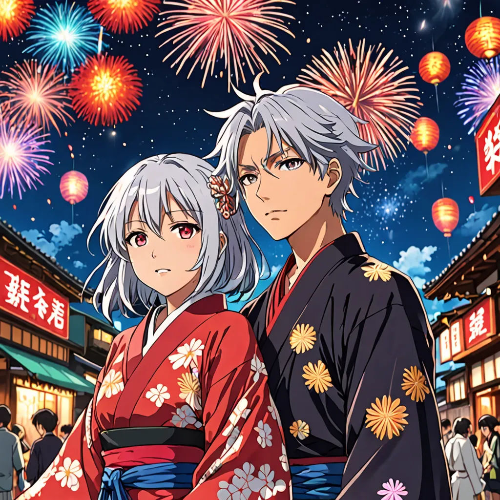 a couple of people standing next to each other in front of fireworks and buildings with signs on them that say happy new year, aestheticism, an album cover, Aya Goda, official art