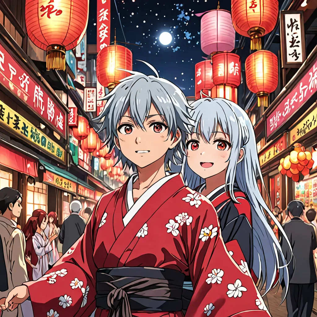 two anime characters in a street with lanterns in the background and a full moon in the sky above them, ukiyo-e, poster art, Aya Goda, official art