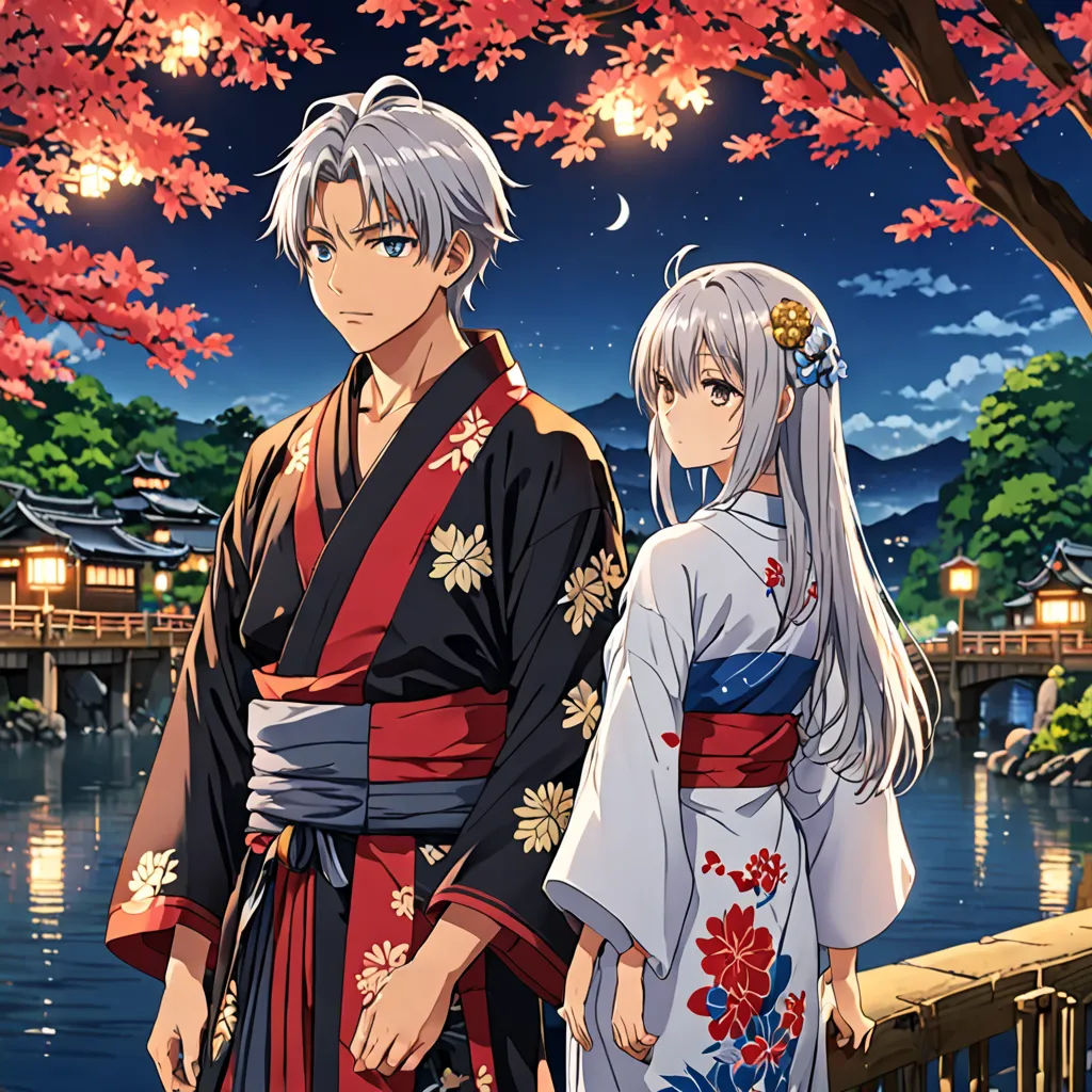 two people standing next to each other near a lake with trees in the background and a bridge in the foreground, aestheticism, an album cover, Baiōken Eishun, official art
