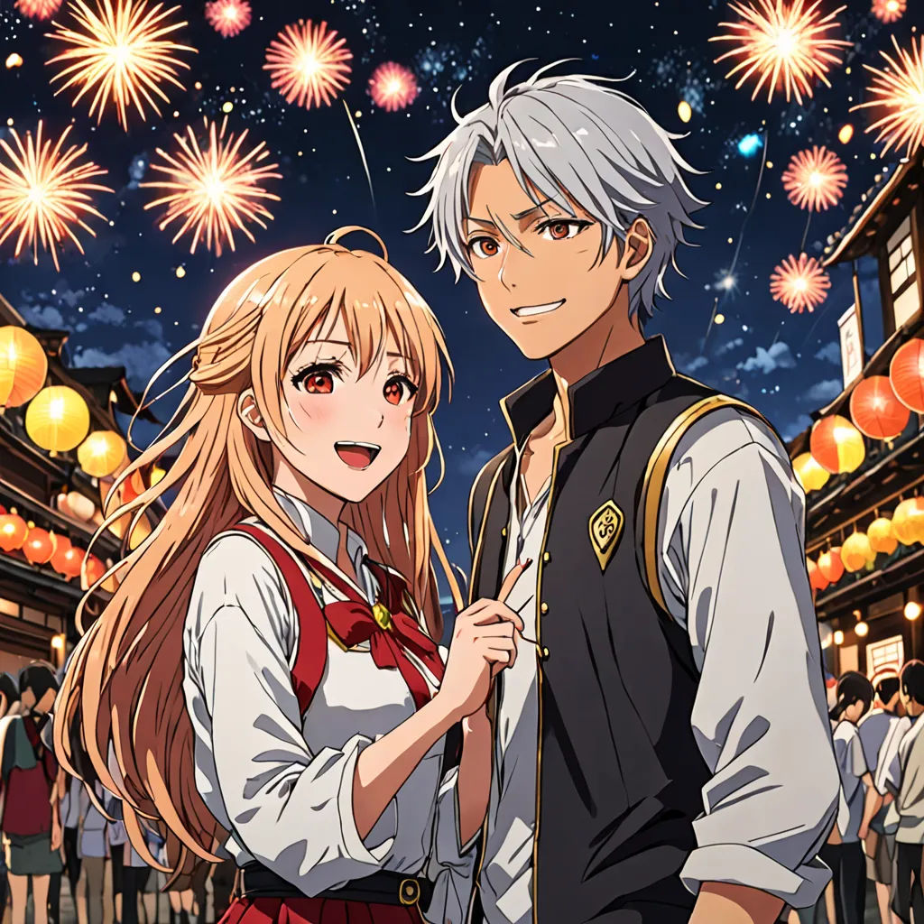 a couple of people standing next to each other near fireworks in the sky and buildings with lights on them, sots art, poster art, Ay-O, official art