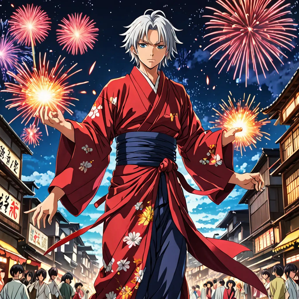 a man in a kimono holding fireworks in a city street with people watching him and fireworks in the sky, aestheticism, poster art, Baiōken Eishun, official art
