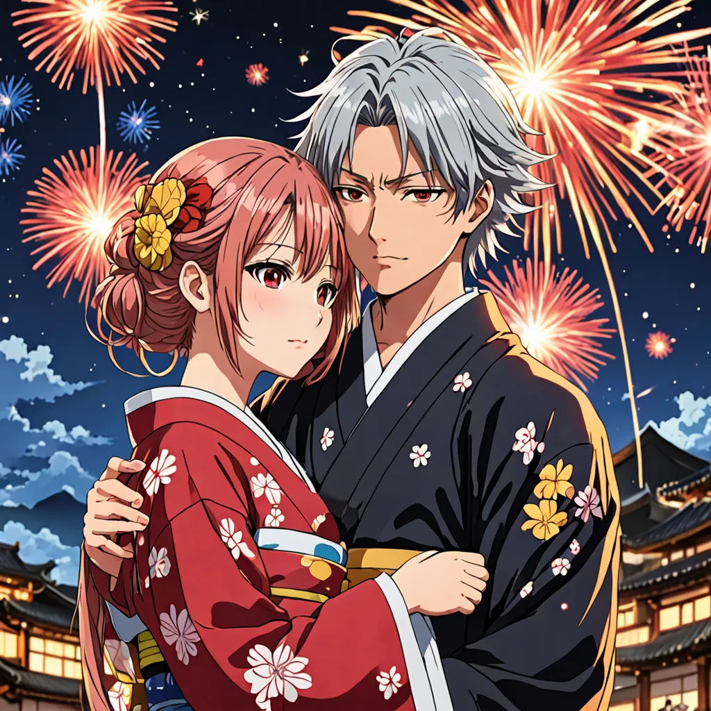 a couple hugging in front of fireworks in a city at night with a sky full of stars and clouds, aestheticism, poster art, Aya Goda, official art