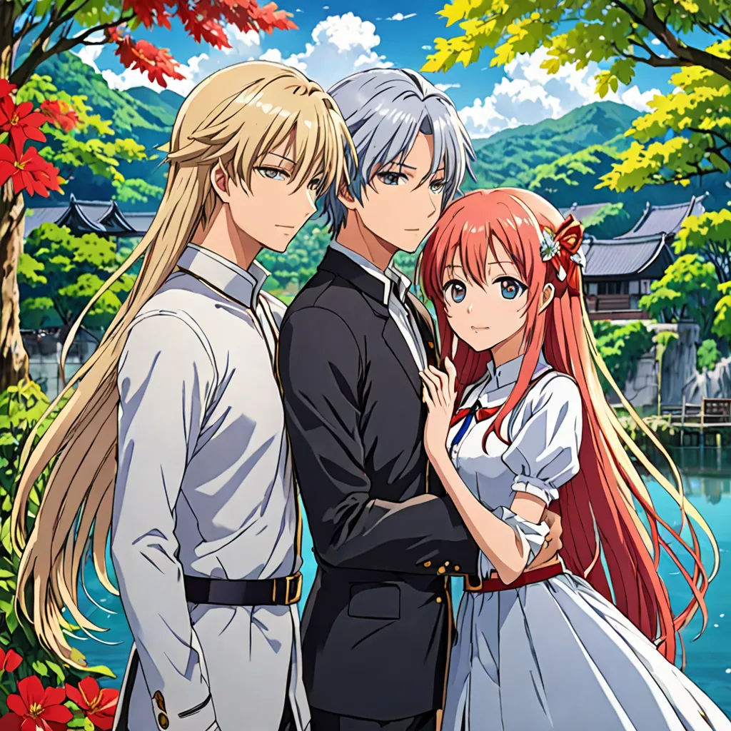 a couple of anime characters standing next to each other in front of a lake and trees with red flowers, rayonism, a poster, Ai-Mitsu, official art