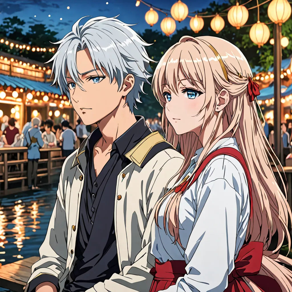 a couple of anime characters sitting next to each other on a bench near a lake at night with lanterns, aestheticism, a poster, Ai-Mitsu, official art