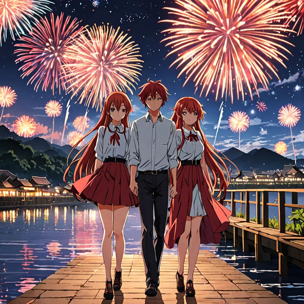 a couple of people standing on a pier with fireworks in the sky above them and a lake in the background, rayonism, poster art, Aya Goda, official art
