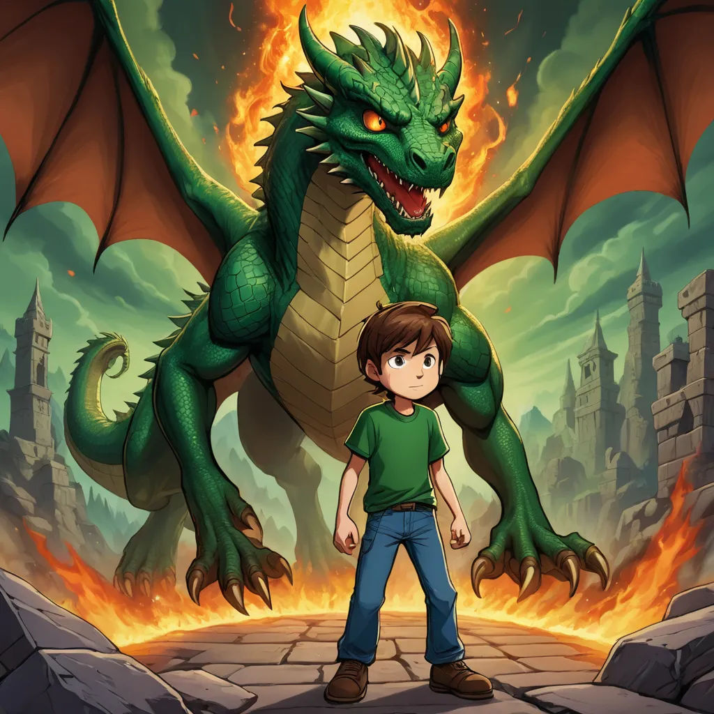 a boy standing next to a dragon on a stone road with a castle in the background and a fire in the sky, fantasy art, a storybook illustration, Diego Gisbert Llorens, 2 d game art