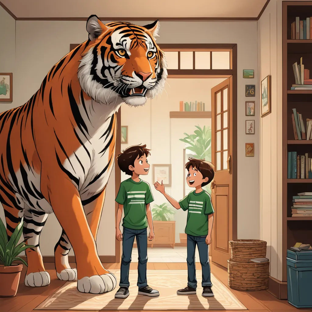 a boy and a boy are standing in front of a tiger in a room with a bookcase and a plant, furry art, a storybook illustration, Diego Gisbert Llorens, storybook illustration