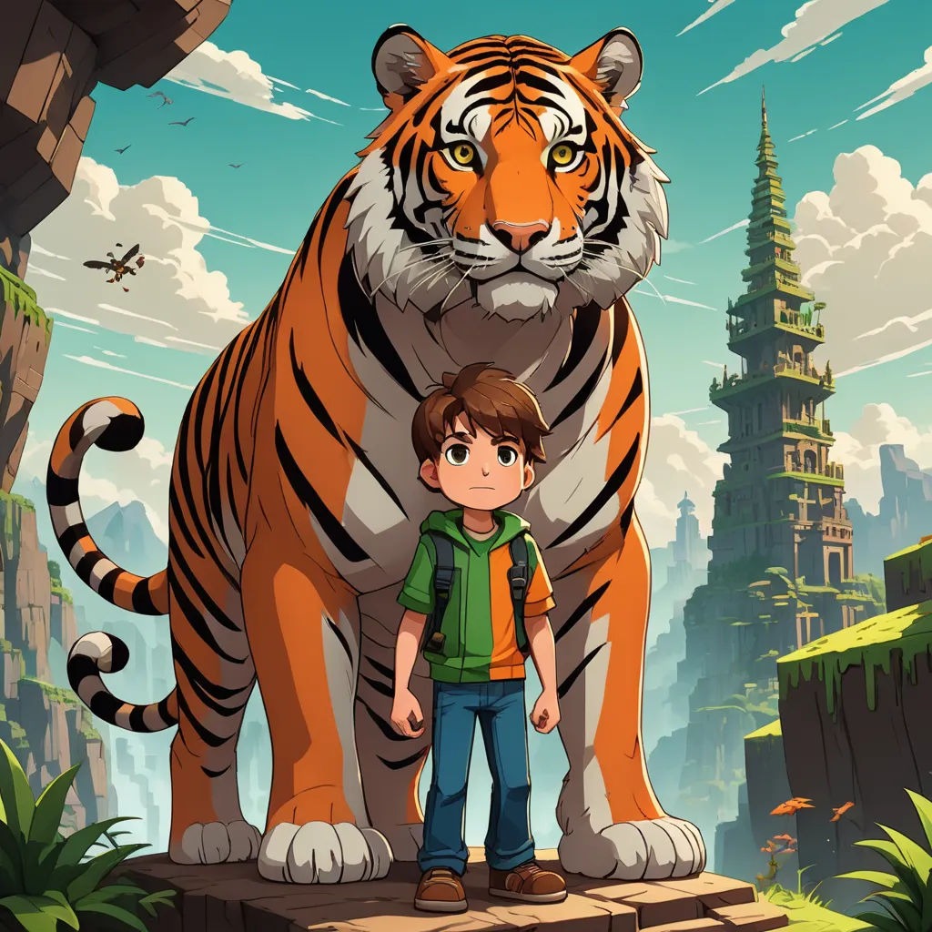 a boy standing next to a tiger in a cartoon style with a sky background and a castle in the background, bengal school of art, poster art, Diego Gisbert Llorens, 2 d game art