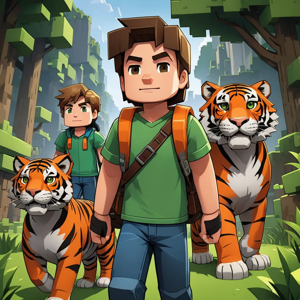 a man standing next to two tigers in a forest with trees and bushes behind him and a boy standing next to them, sots art, concept art, Dan Content, key art