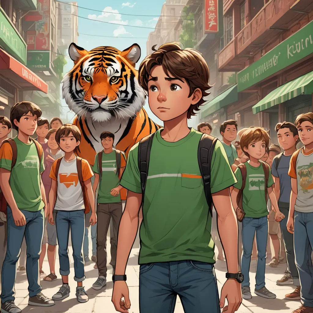 a boy standing in front of a crowd of people with a tiger on his shoulder and a man in a green shirt, furry art, a storybook illustration, Adam Manyoki, trending on art station