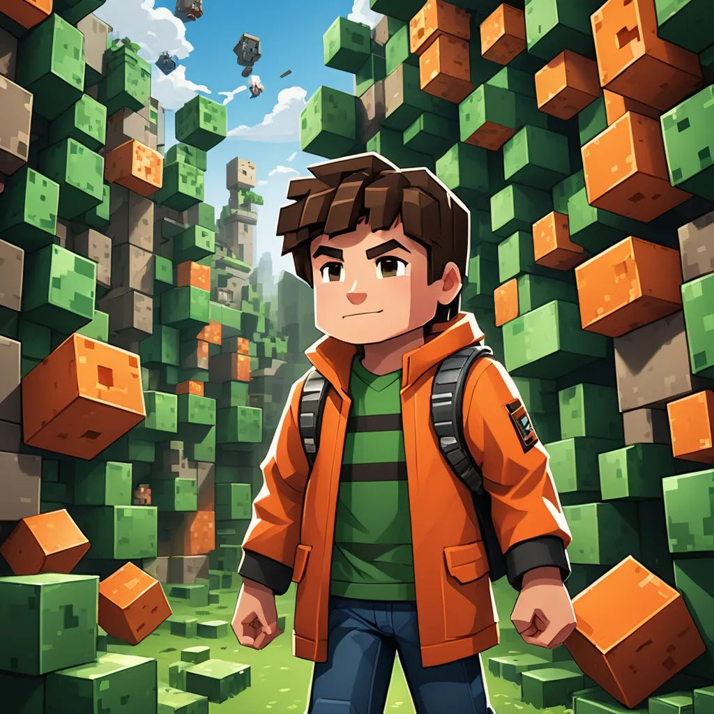 a man standing in front of a bunch of blocks in a minecraft game with a sky background and a sky background, sots art, pixel art, Cedric Seaut (Keos Masons), key art