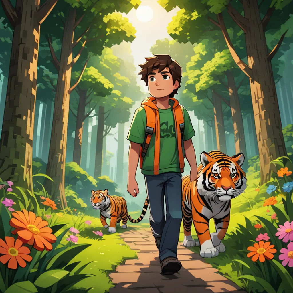 a man walking with two tigers in a forest with flowers and trees on either side of him, and a sun shining through the trees, furry art, concept art, Cedric Seaut (Keos Masons), promotional image
