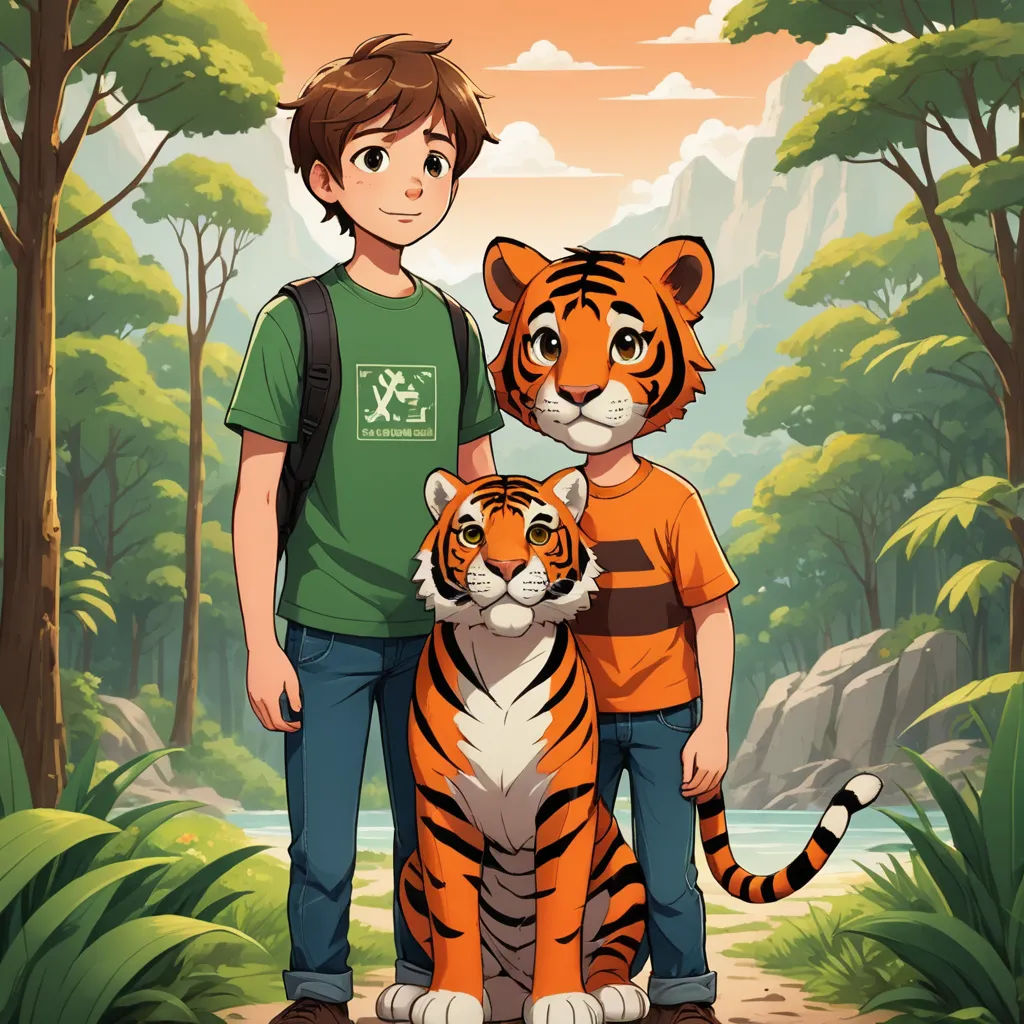 a boy and a tiger standing in front of a forest scene with a river and trees in the background, furry art, a storybook illustration, Diego Gisbert Llorens, key art
