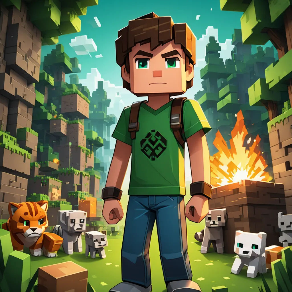 a man standing in front of a bunch of animals in a minecraft environment with a fire in the background, sots art, computer graphics, Beeple, key art