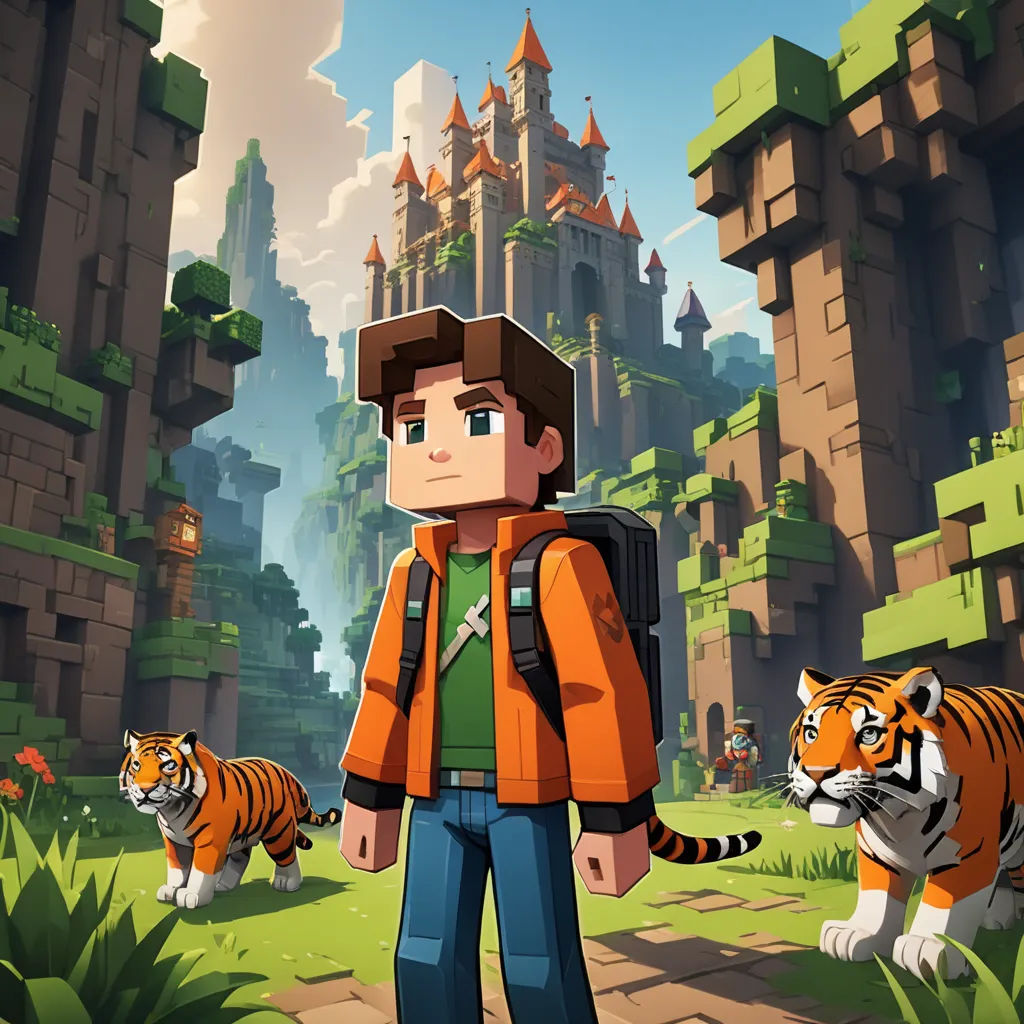 a man with a backpack and a tiger in front of him in a game of minecraft with a castle in the background, sots art, concept art, Cedric Seaut (Keos Masons), key art