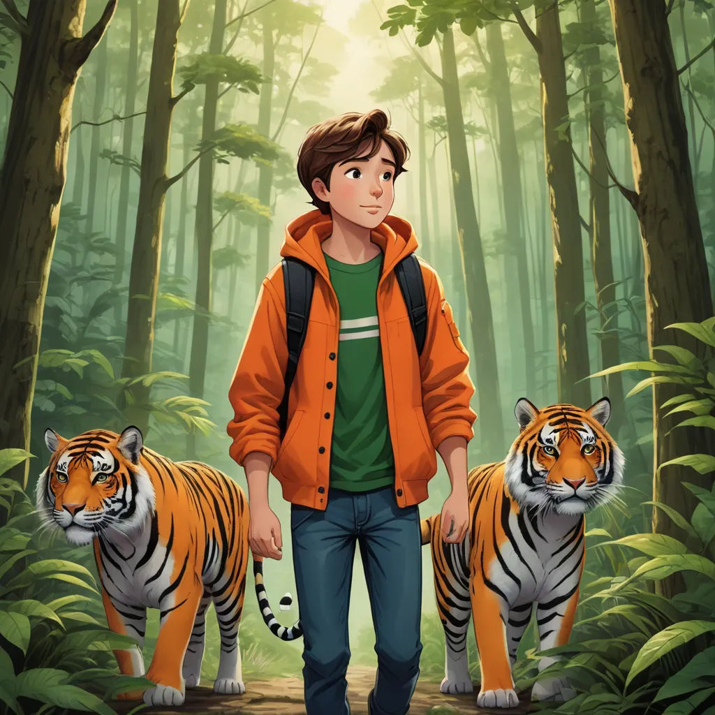 a boy standing in the middle of a forest with two tigers behind him and a tiger behind him,, furry art, a storybook illustration, Cliff Childs, book cover