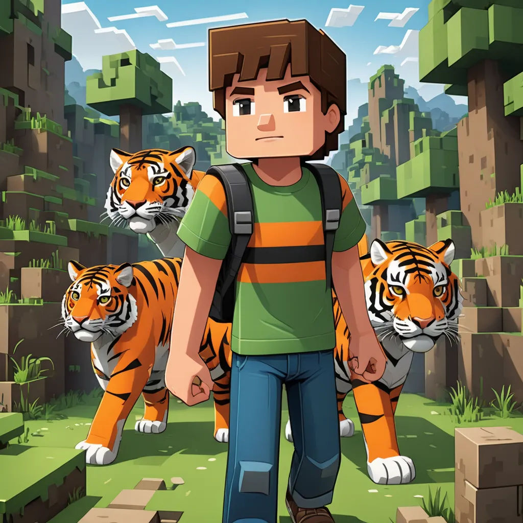 a boy with a backpack and two tigers in the background of a pixel art scene of a man with a backpack and two tigers in the foreground, sots art, computer graphics, Brian Fies, key art