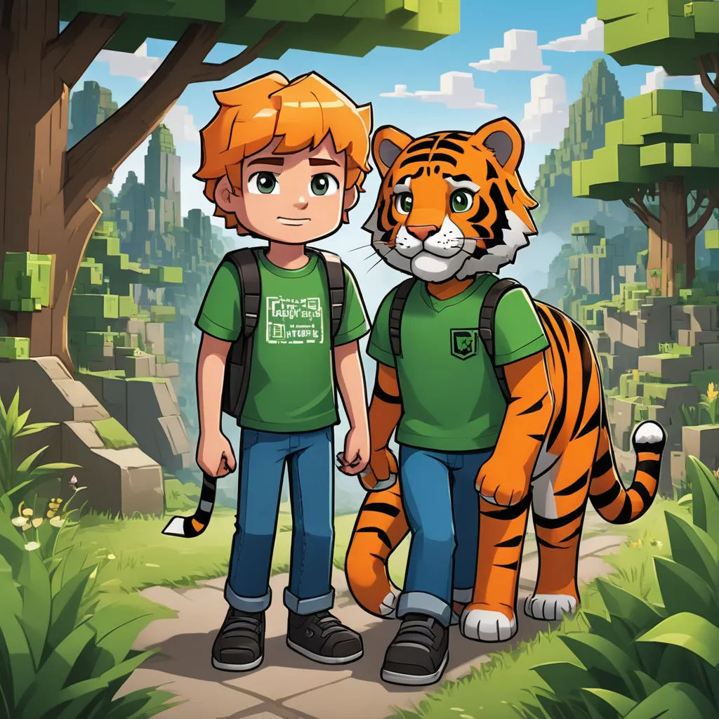 a boy and a tiger standing in front of a forest with trees and bushes on the ground, with a city in the background, sots art, a character portrait, Cedric Seaut (Keos Masons), 2 d game art
