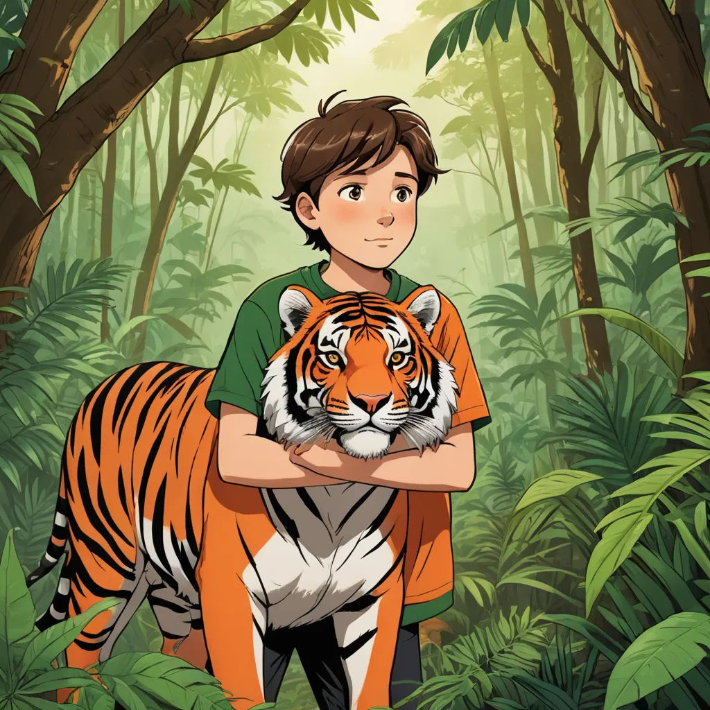 a boy holding a tiger in a jungle with trees and plants behind him and a jungle background with trees and leaves, furry art, a storybook illustration, Diego Gisbert Llorens, graphic novel