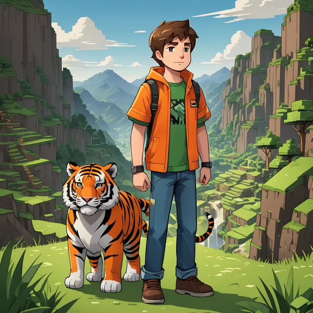 a man standing next to a tiger in a field of grass and rocks with mountains in the background and a sky with clouds, sots art, a character portrait, Cedric Seaut (Keos Masons), 2 d game art