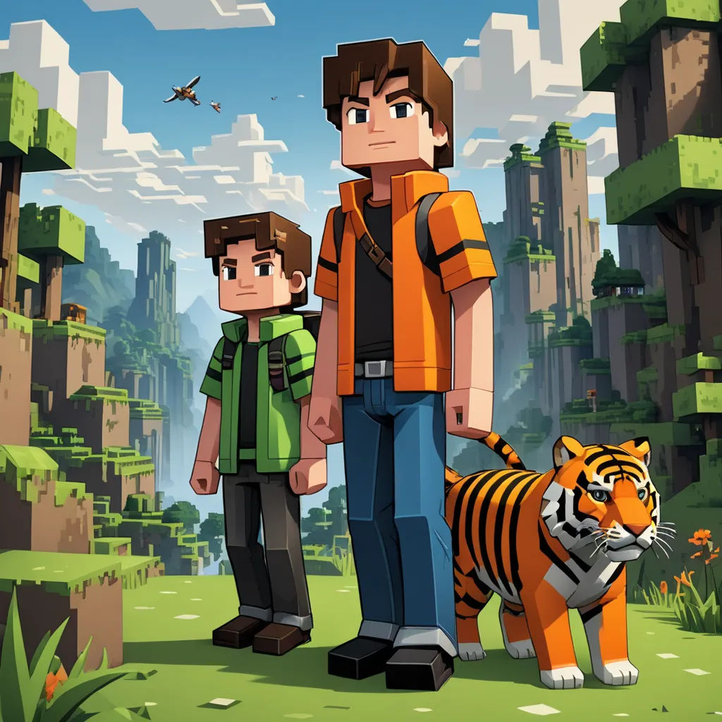 a man and a boy standing next to a tiger in a field of grass and rocks with a plane in the background, sots art, computer graphics, Beeple, key art