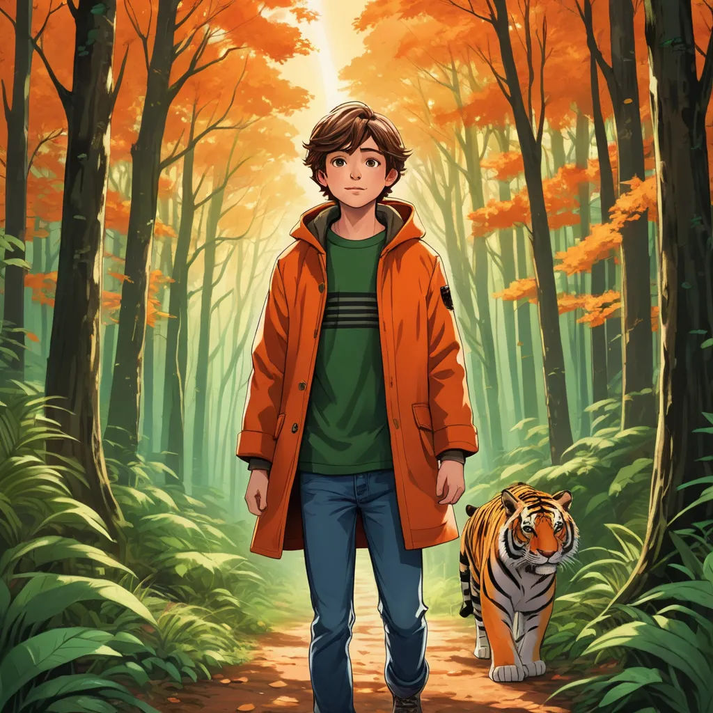 a boy in a red jacket and a tiger in a forest with trees and leaves on the ground and a path, furry art, a storybook illustration, Cedric Seaut (Keos Masons), official art