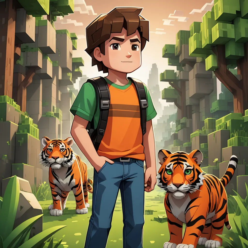 a boy standing in front of a tiger and another tiger in the background with a forest of trees and bushes, pixel art, a character portrait, Cedric Seaut (Keos Masons), 2 d game art