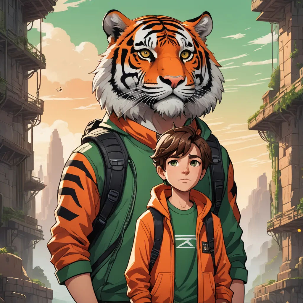 a man and a tiger are standing in front of a cityscape background with buildings and a sky, furry art, poster art, Cliff Childs, comic cover art