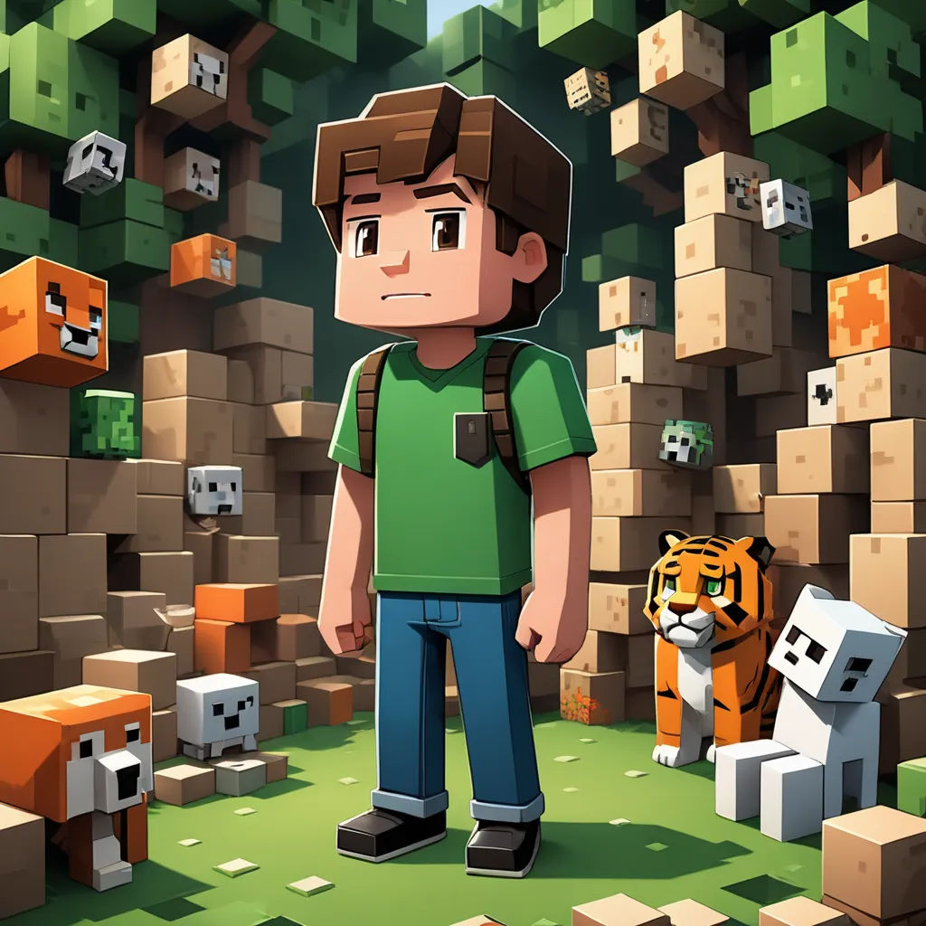 a man standing in front of a bunch of animals in a minecraft environment with a tiger and a tiger, sots art, concept art, Dan Content, key art