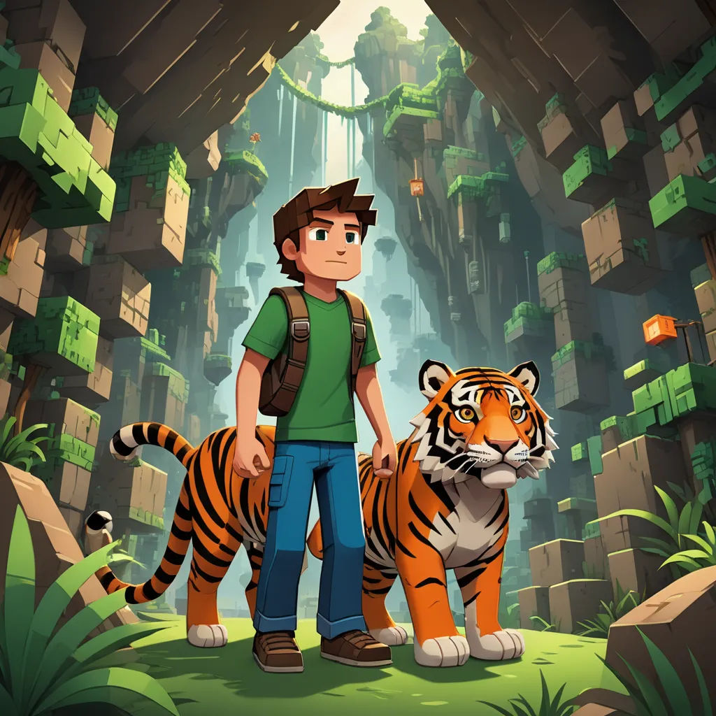 a man standing next to a tiger in a cave with a waterfall in the background and a jungle in the background, pixel art, concept art, Cedric Seaut (Keos Masons), rossdraws global illumination