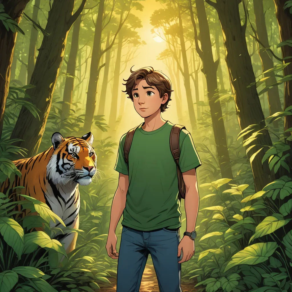 a boy standing in the middle of a forest with a tiger behind him and a forest background with trees, sots art, a character portrait, Cedric Seaut (Keos Masons), official art