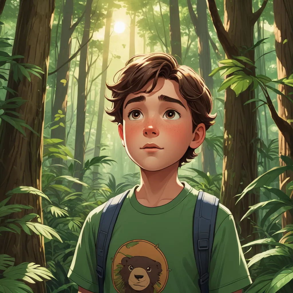 a boy in a green shirt standing in a forest with a bear on his chest and a monkey on his chest, serial art, a storybook illustration, Diego Gisbert Llorens, rossdraws global illumination