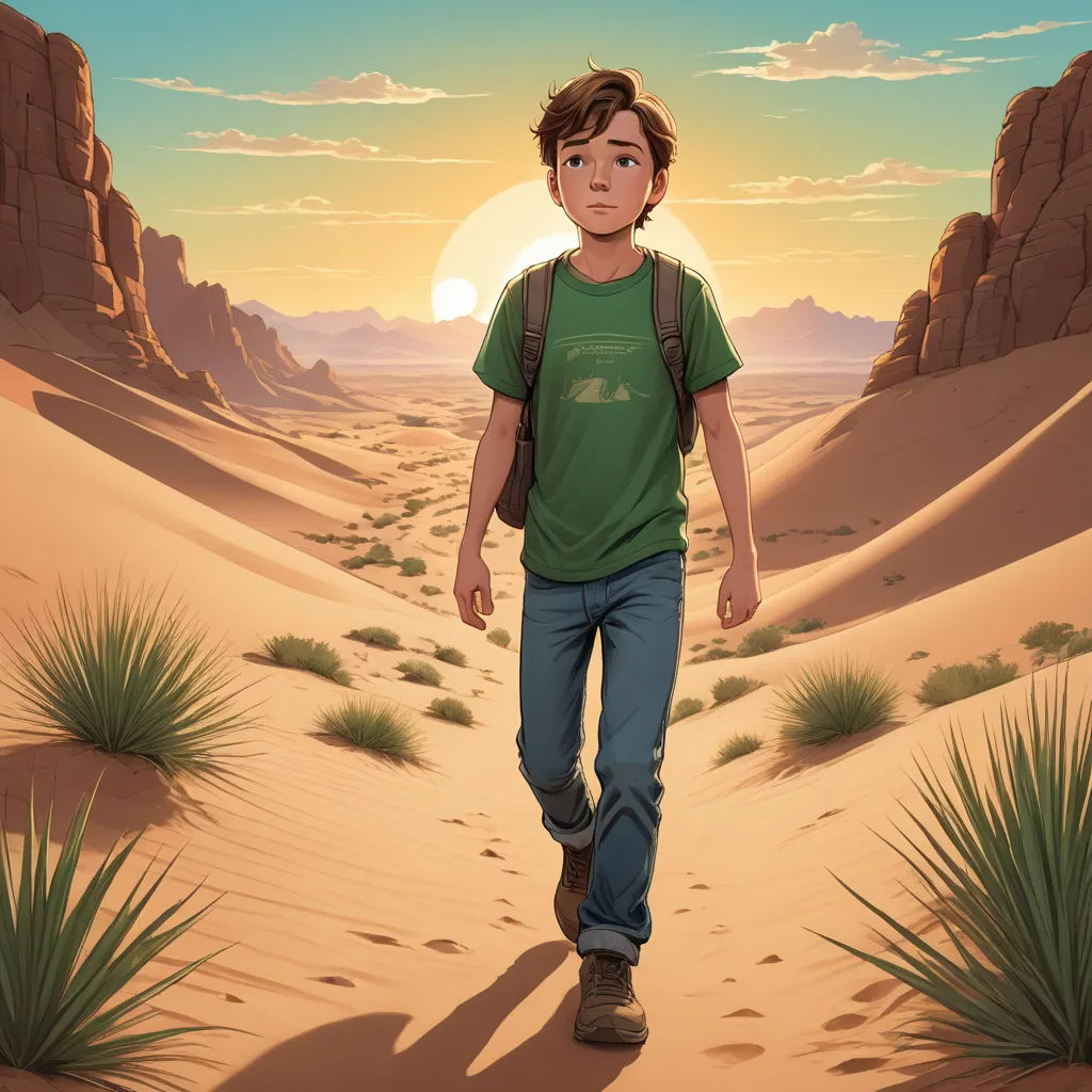 a boy walking through a desert with a backpack on his back and a desert landscape in the background with a sun setting, serial art, a character portrait, Aaron Jasinski, rossdraws global illumination