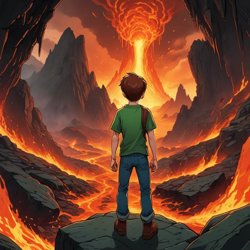 a boy standing on a rock looking at a lava filled with lavas and lavas in the distance, sots art, concept art, Dan Mumford, promotional image
